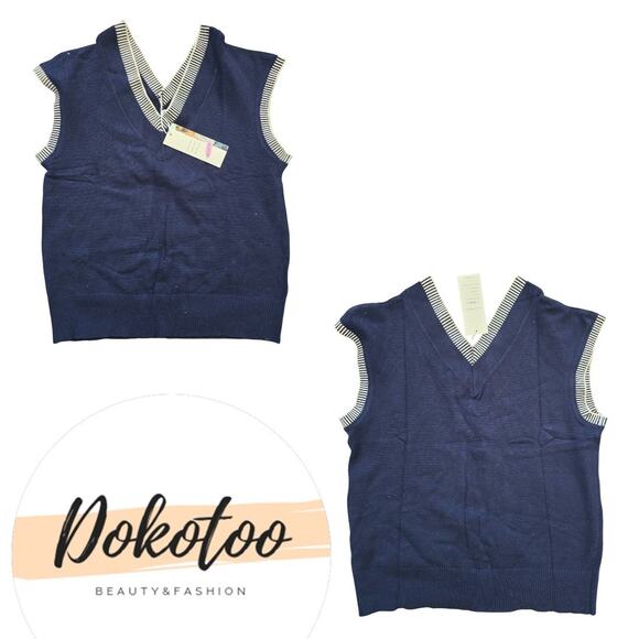 Dokotoo Women's V Neck Sleeveless Sweater Vest Navy Cap Sleeve Blue Size Small - Picture 5 of 6